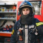 Close up of a male firefighter.