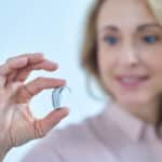 Blurred woman holding up her new hearing aid