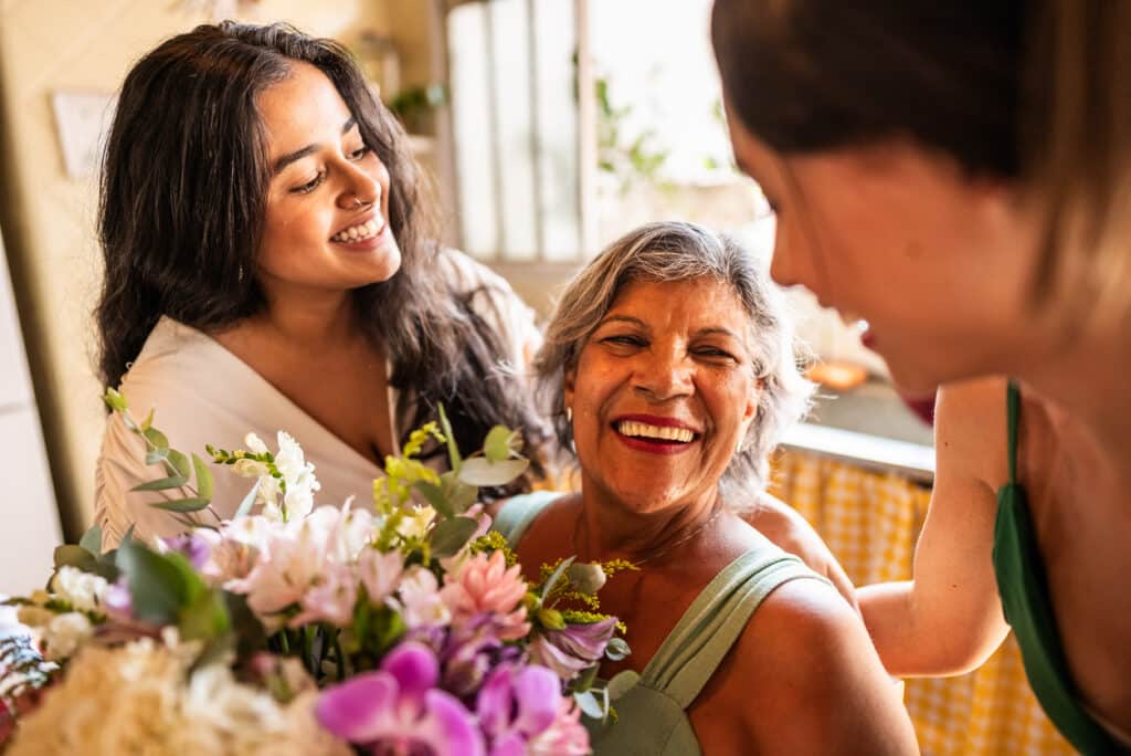 Giving mom flowers for Mother's Day.