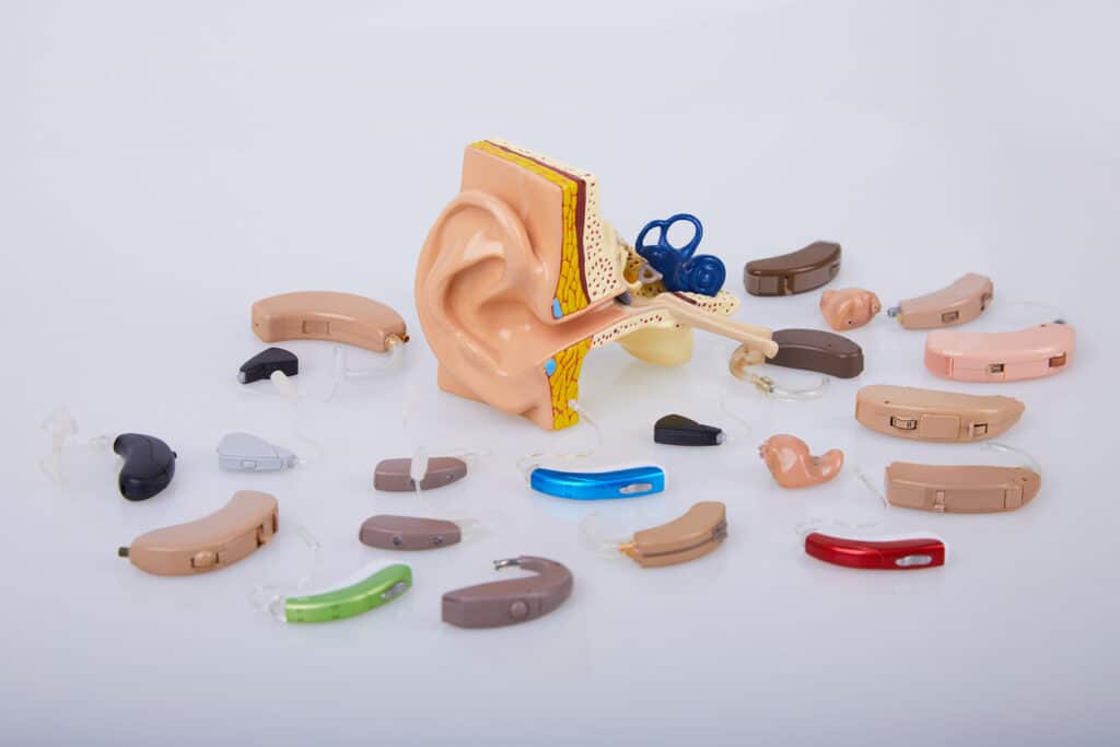 Collection of hearing aids with a model of the ear